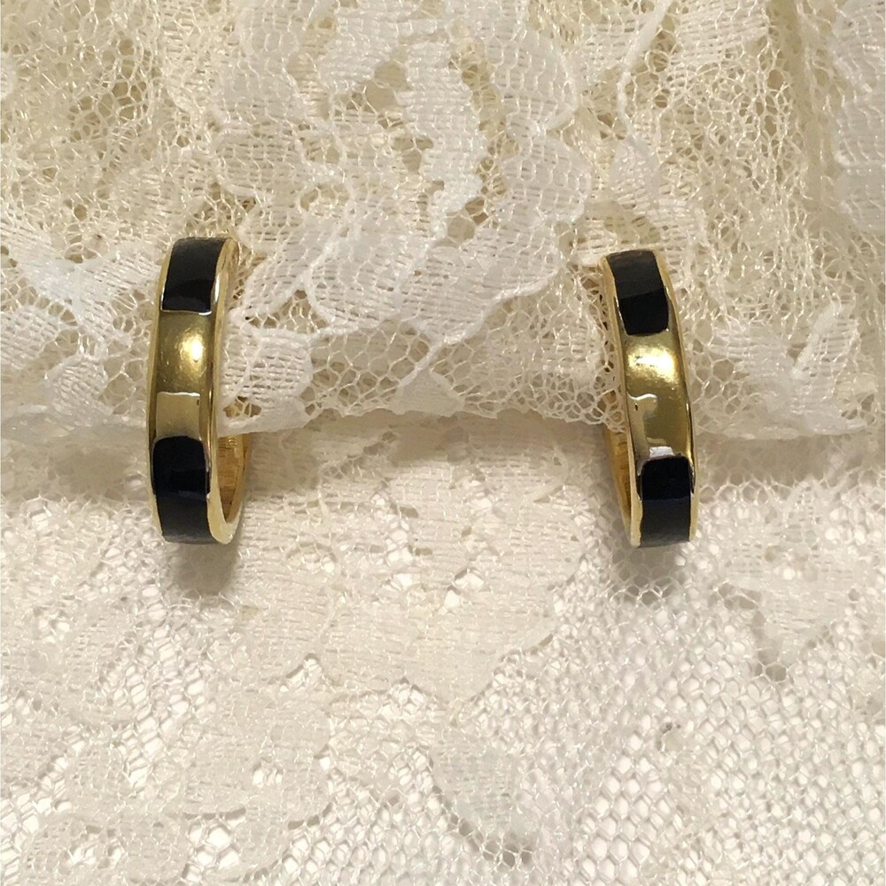 Vintage Napier Gold Tone Black Enamel Hoop Clip On Screw back Earrings